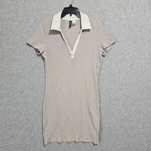 Divided H&M Shirt Dress Size L Short Sleeve Beige Gray Ribbed Below Knee